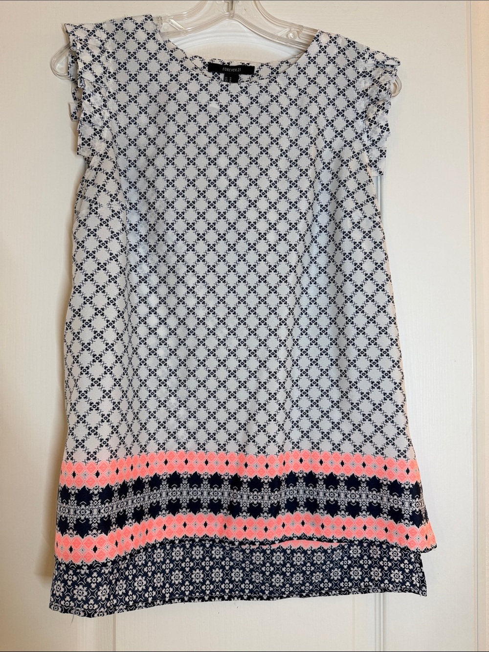 Forever 21 White & Navy Geometric Shirt with Coral Trim